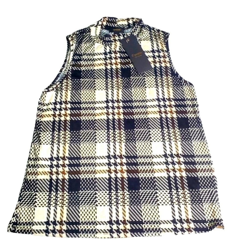 Nwt Espresso Plaid Mock Neck Sleeveless Top Career Casual Trendy‎ L